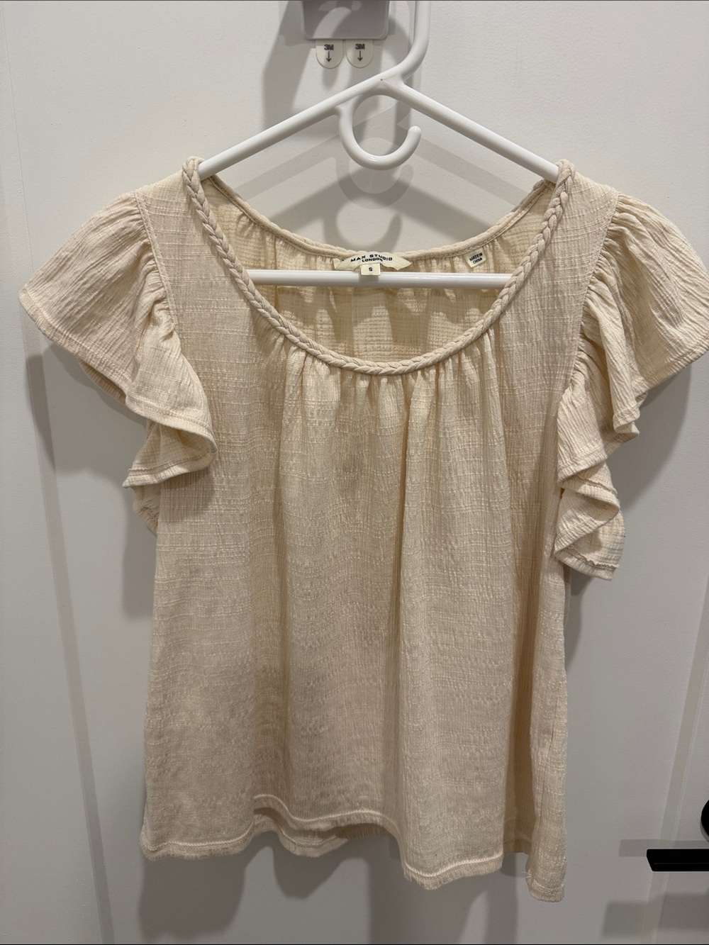 Max Studio Cream Braided Scoop Ruffle Sleeve Top